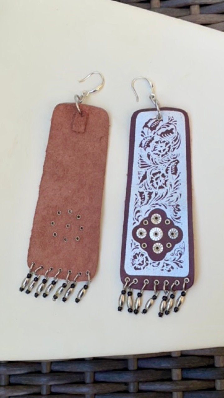 Unique vintage artisan handmade leather dangle earrings