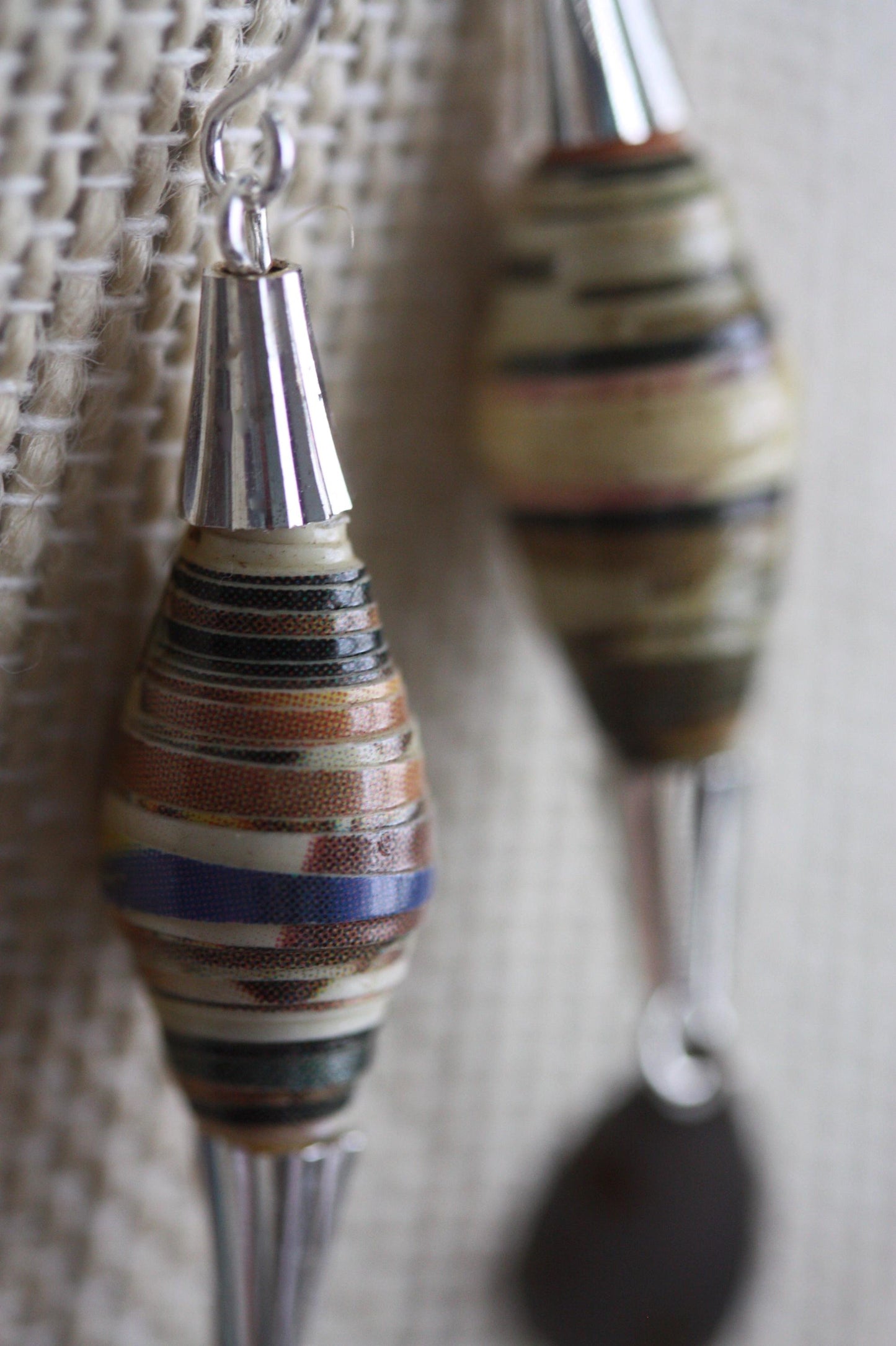 Oval rolled paper with cone metal caps and teardrop dangles - handmade earrings - 2" long