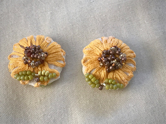 Upcycled sunflower earrings - embroidered flowers from vintage tablecloth surrounded by new, handmade beadwork - vintage and new materials