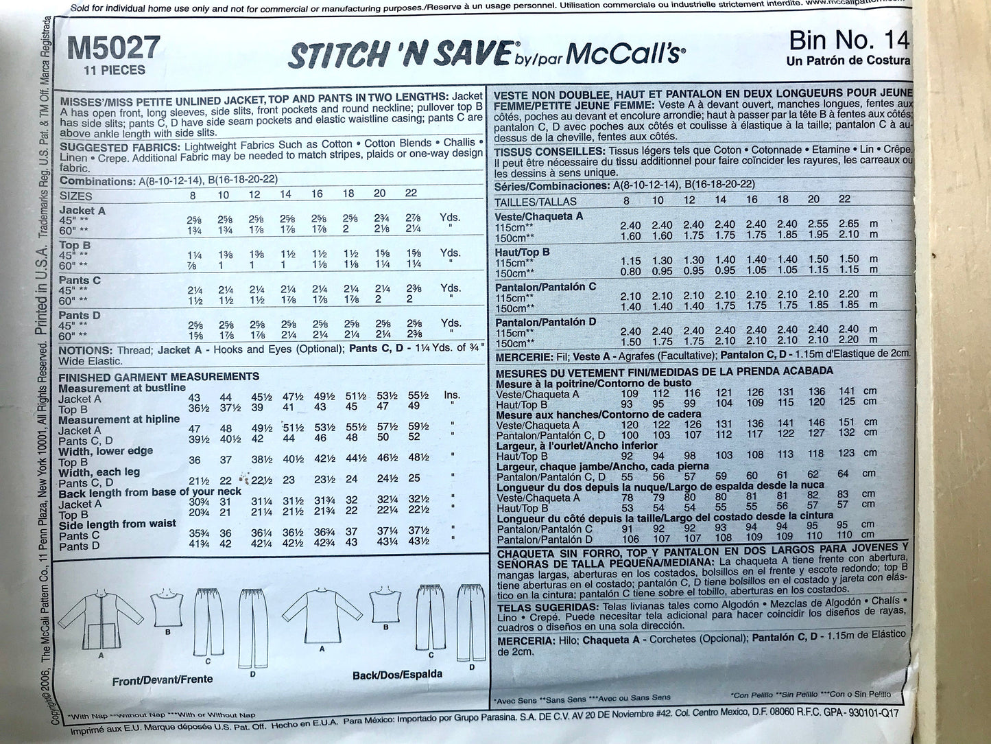 UNCUT Sewing Pattern Sizes 16-22 - Mc Call's Stitch N Save M5027 Unlined Jacket, Top and Pants -  11 pieces