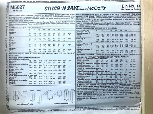UNCUT Sewing Pattern Sizes 16-22 - Mc Call's Stitch N Save M5027 Unlined Jacket, Top and Pants -  11 pieces