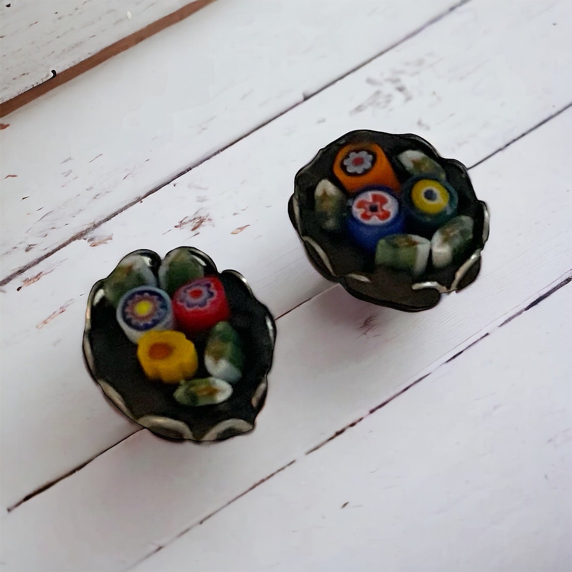 My handmade cut and inlaid glass micro-mosaic stud earrings