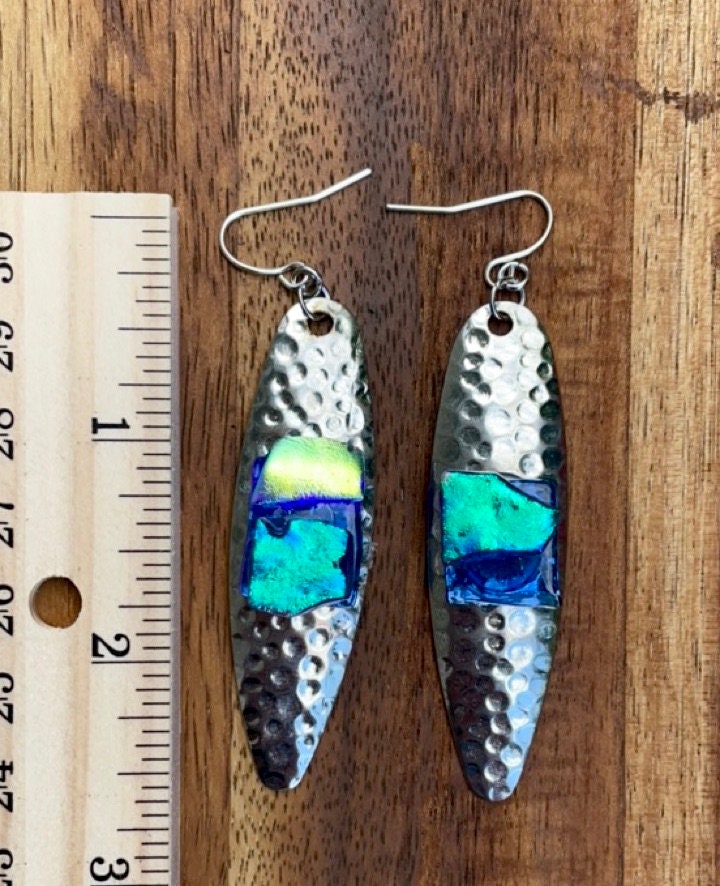Hammered metal with dichroic glass mixed media earrings