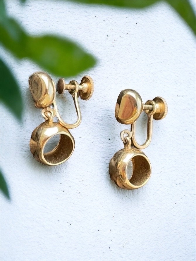 Unique gold hollowed small hoop dangle earrings - screwback clip earrings