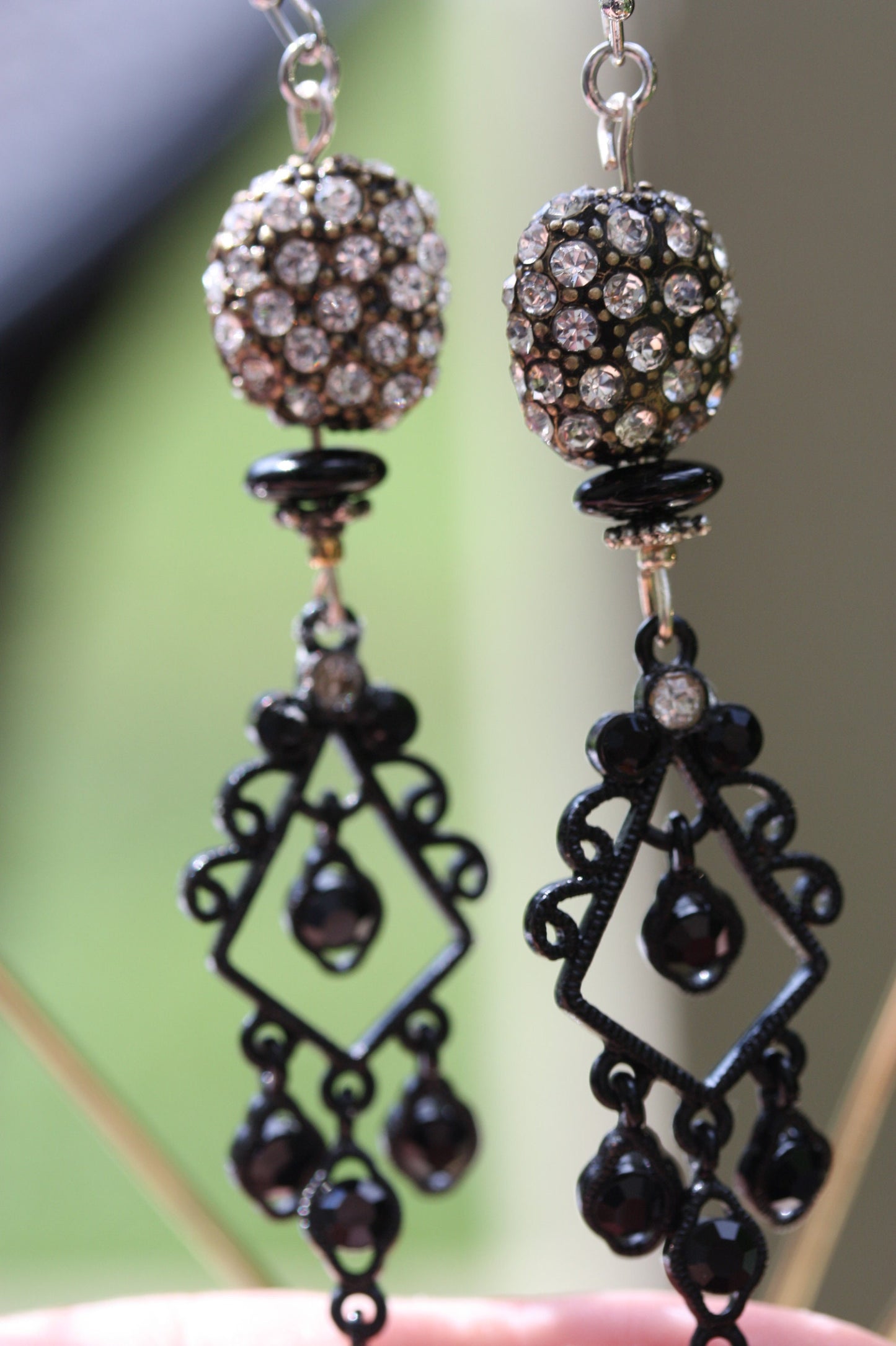 Mixed materials one-of-a-kind handmade dangle earrings - upcycled vintage rhinestones, new and vintage elements