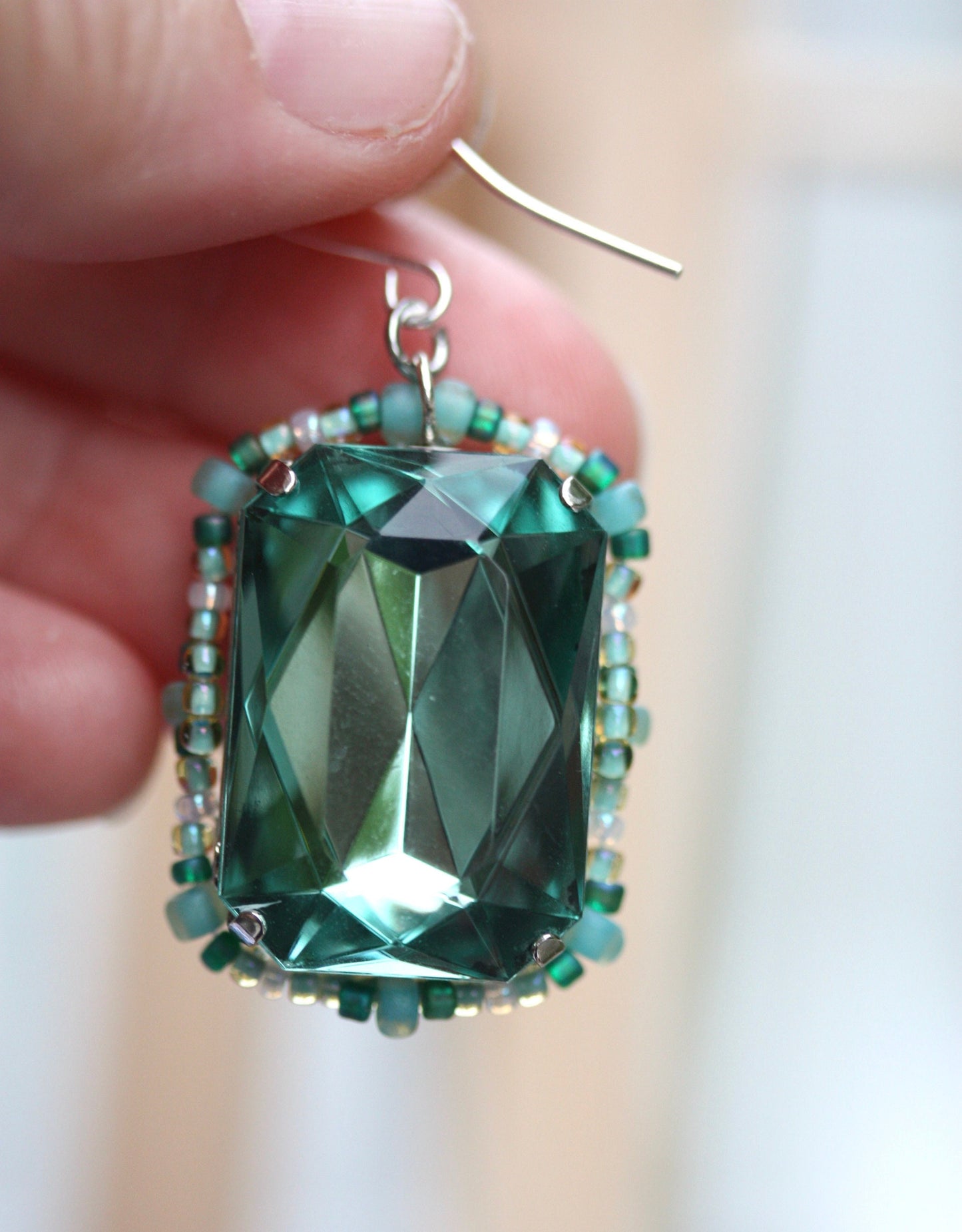 Vintage turquoise faceted crystal dangle earrings with original handmade beadwork