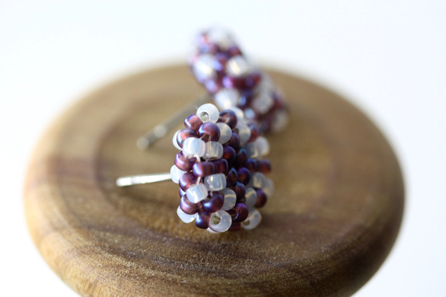 Hand beaded stud earrings - purple with drops of white glass - studs, beadwork studs, beaded studs