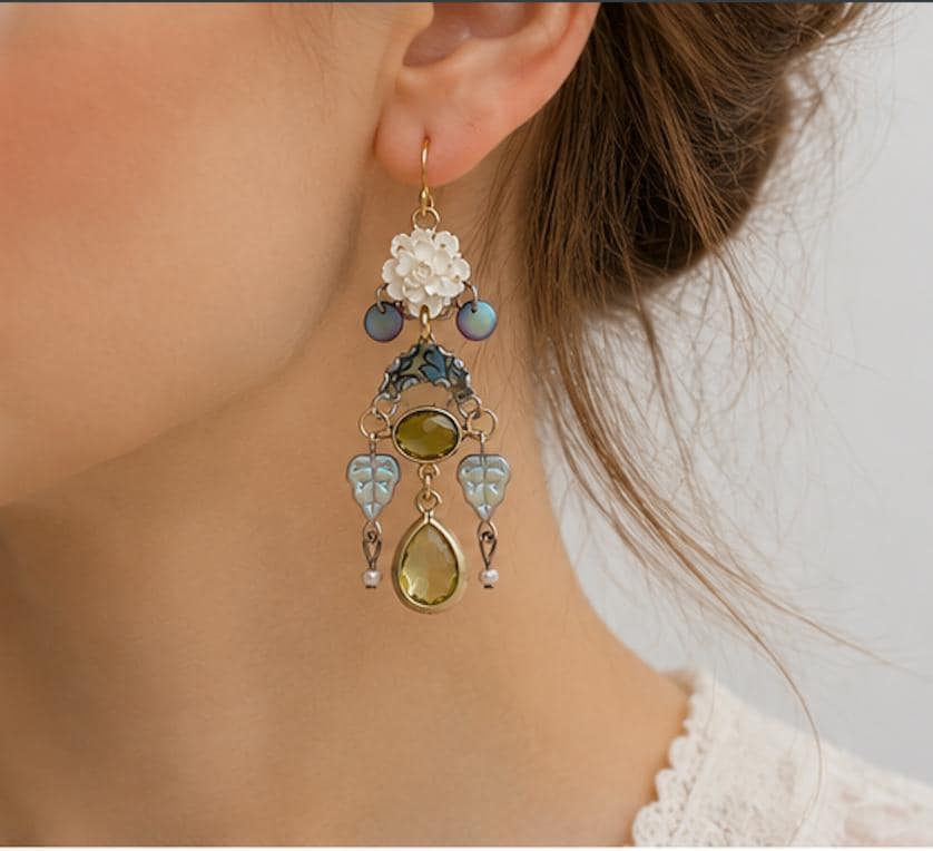 Handmade Vintage Rose Statement Earrings | Upcycled Goldtone Crystal, Iridescent Glass & Vintage Silk Earrings