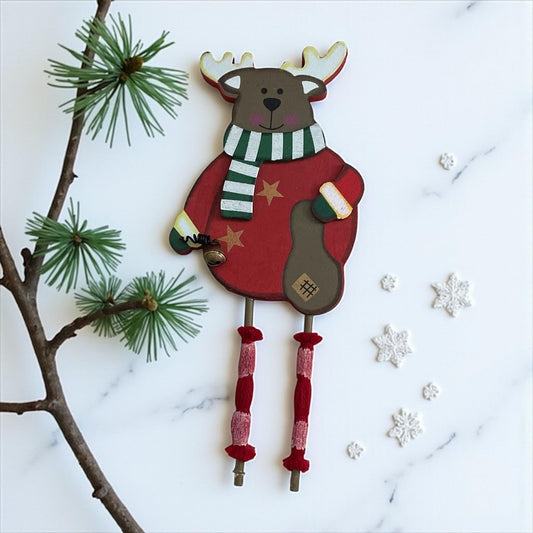 Charming Vintage Wooden Reindeer Ornament with Funky Striped Socks – 8" Handcrafted Christmas Decor