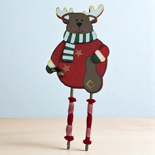 Charming Vintage Wooden Reindeer Ornament with Funky Striped Socks – 8" Handcrafted Christmas Decor