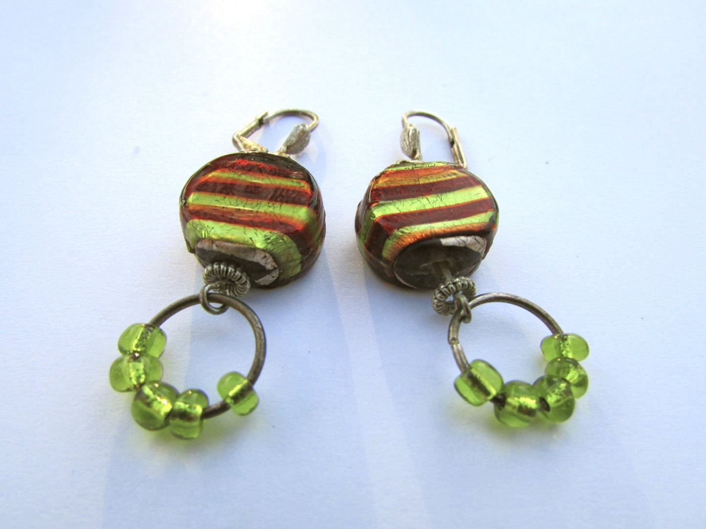 Stunning striped artisan glass and lime-toned green glass dangle hoops - vintage artisan earrings