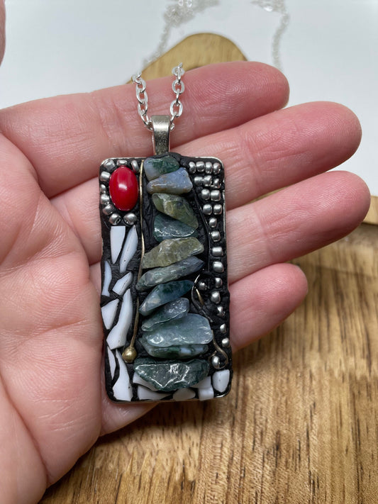 River Rocks Pathway - my one-of-a-kind micro mosaic necklace with mixed material including stone, metal and hand cut glass