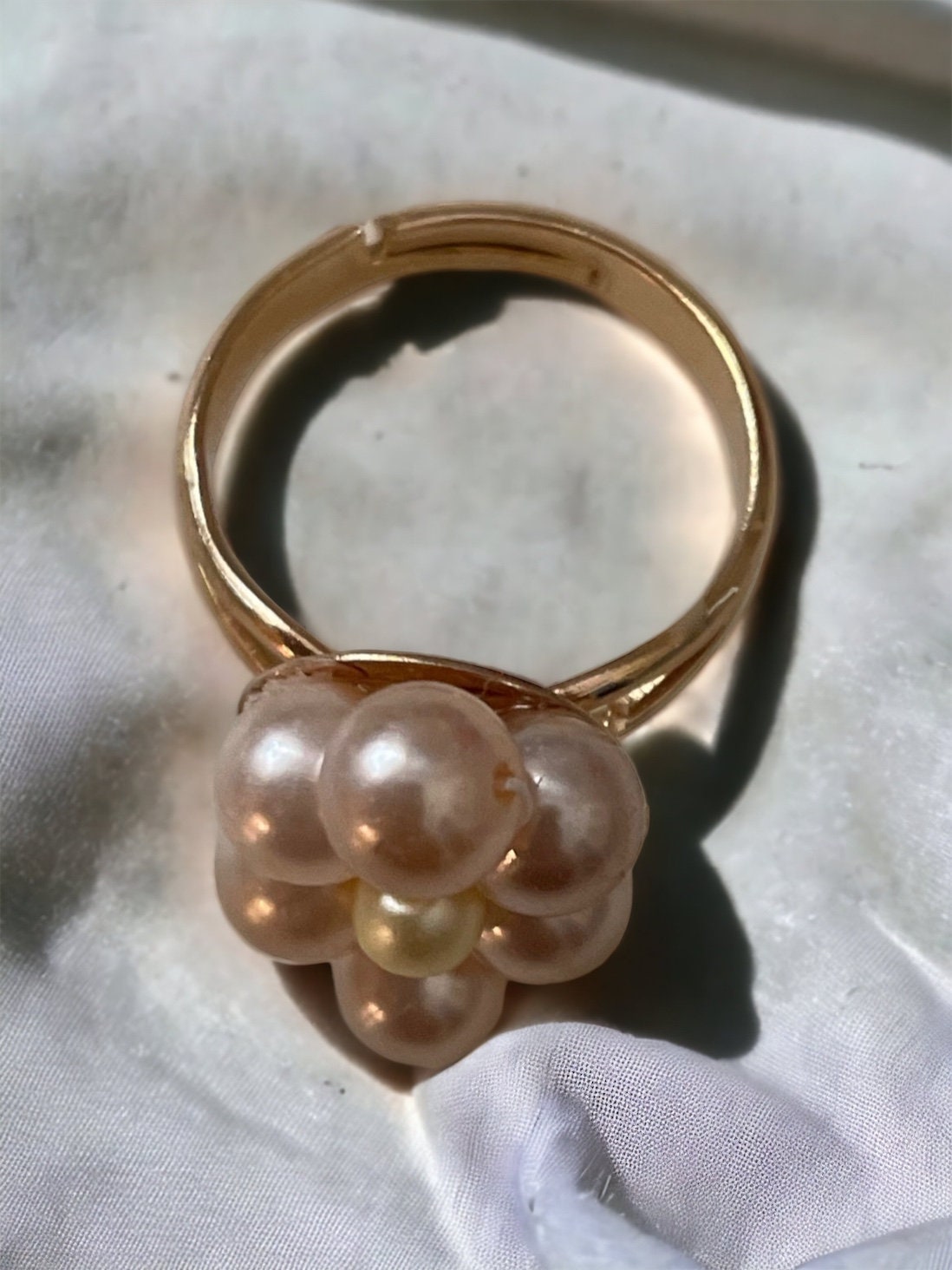 Adjustable ring handmade with pale pink and cream faux pearls