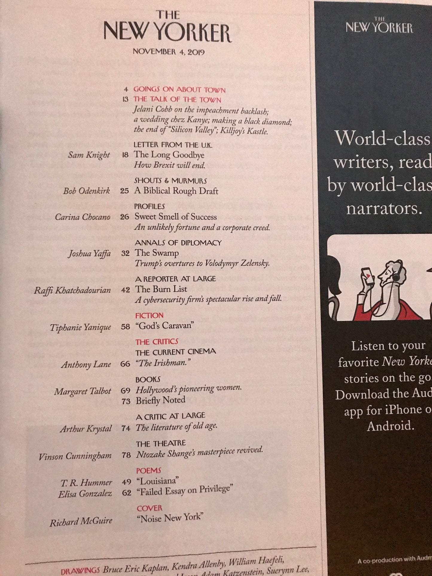 November 4, 2019 - Your choice: Cover only OR complete issue  of The New Yorker Magazine