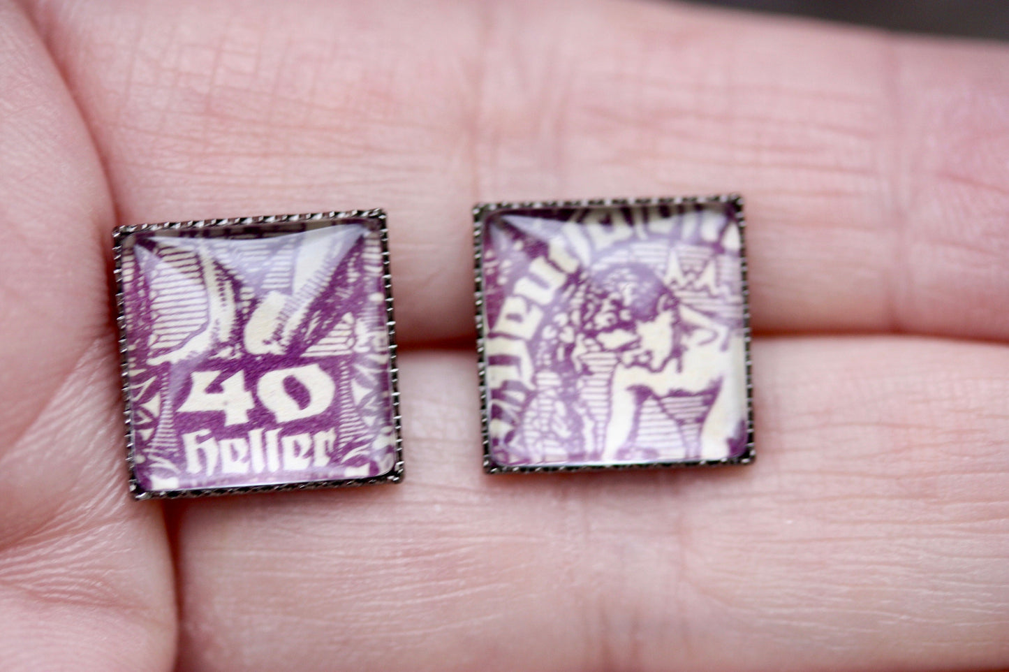 Tiny square stud earrings made from genuine antique postage stamp - 40 Heller Republic of German-Austria postage stamp issued 1919-1920
