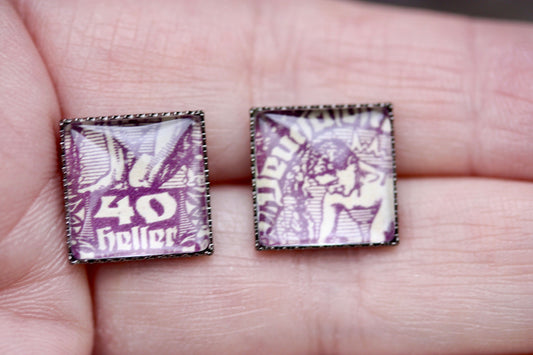Tiny square stud earrings made from genuine antique postage stamp - 40 Heller Republic of German-Austria postage stamp issued 1919-1920