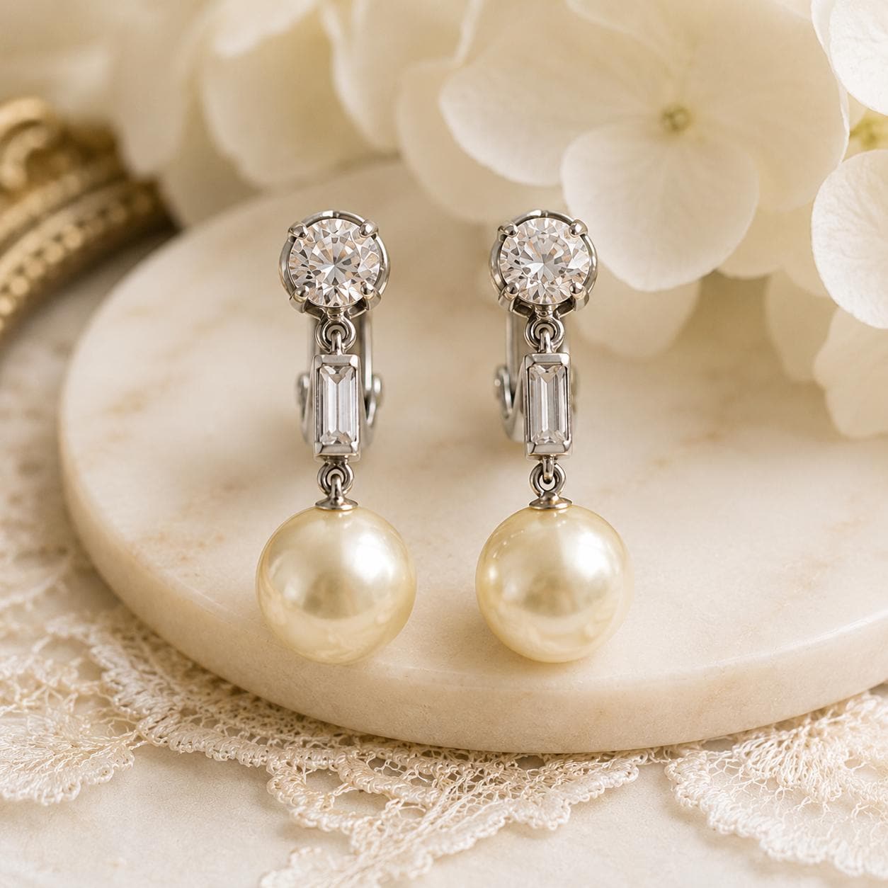 Vintage Signed Trifari Faux Pearl & Rhinestone Clip Earrings | Classic Mid Century Bridal Jewelry | Elegant Wedding Earrings Clip on