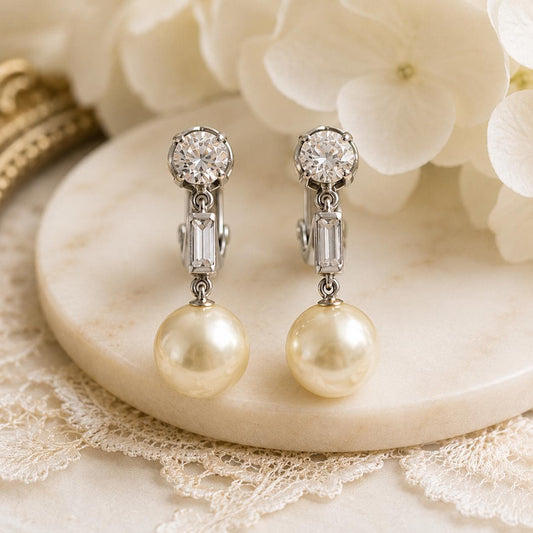 Vintage Signed Trifari Faux Pearl & Rhinestone Clip Earrings | Classic Mid Century Bridal Jewelry | Elegant Wedding Earrings Clip on
