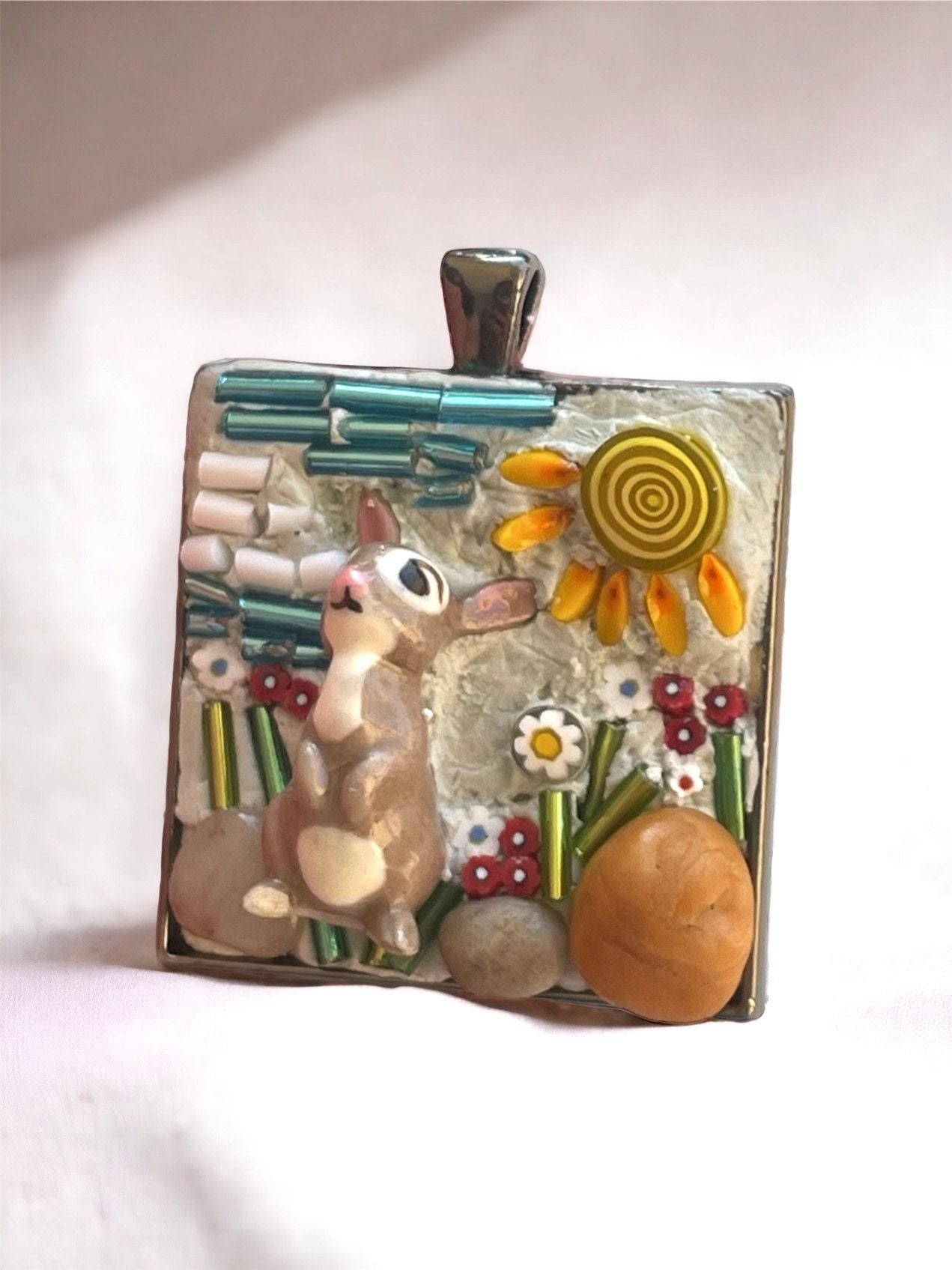 Micro Mosaic Pendant: Bone China Rabbit with Beach Flowers (1.5 inch)