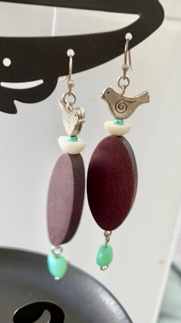 Handmade "Bird Nest" mixed material earrings -metallic birds on oval wood base with turquoise seed beads and milky white vintage glass beads