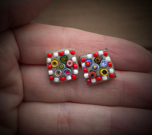 Small (half inch)  handmade micro mosaic stud earrings with tiny glass seed beads and colorful assorted glass millefiori