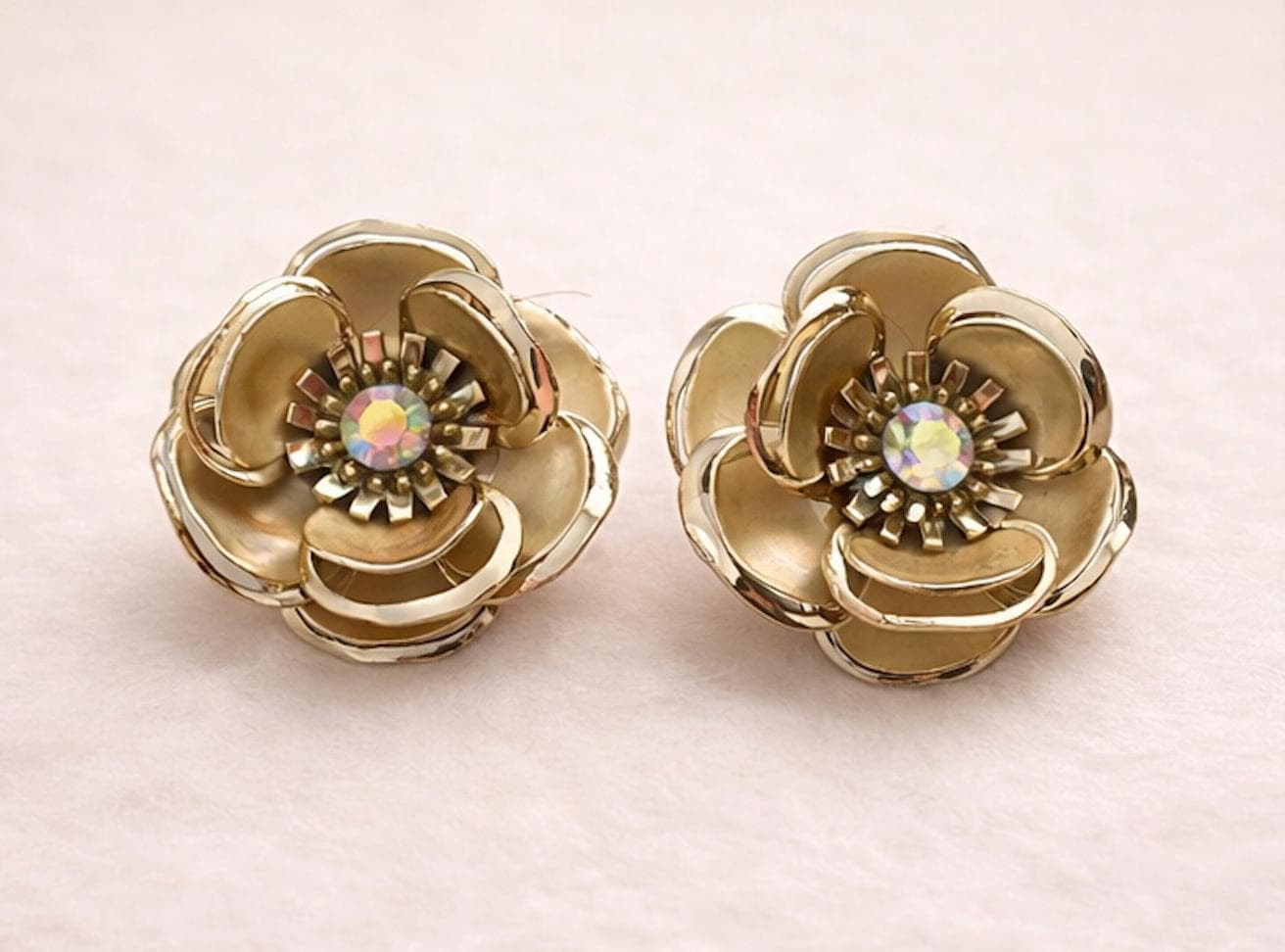 Vintage Gold Flower Clip-On Earrings with Aurora Borealis Rhinestone Centers
