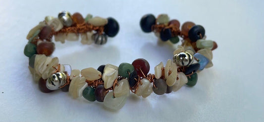 Mixed material shell and stone vintage wire formed cuff bracelet