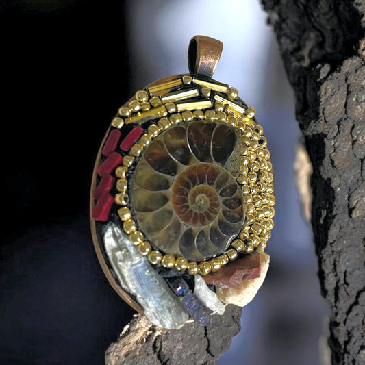 Handmade Ammonite Micro Mosaic Necklace –Unique Fossil Jewelry with Hand-Cut Italian red glass Murrini, gold beads and semi-precious stones