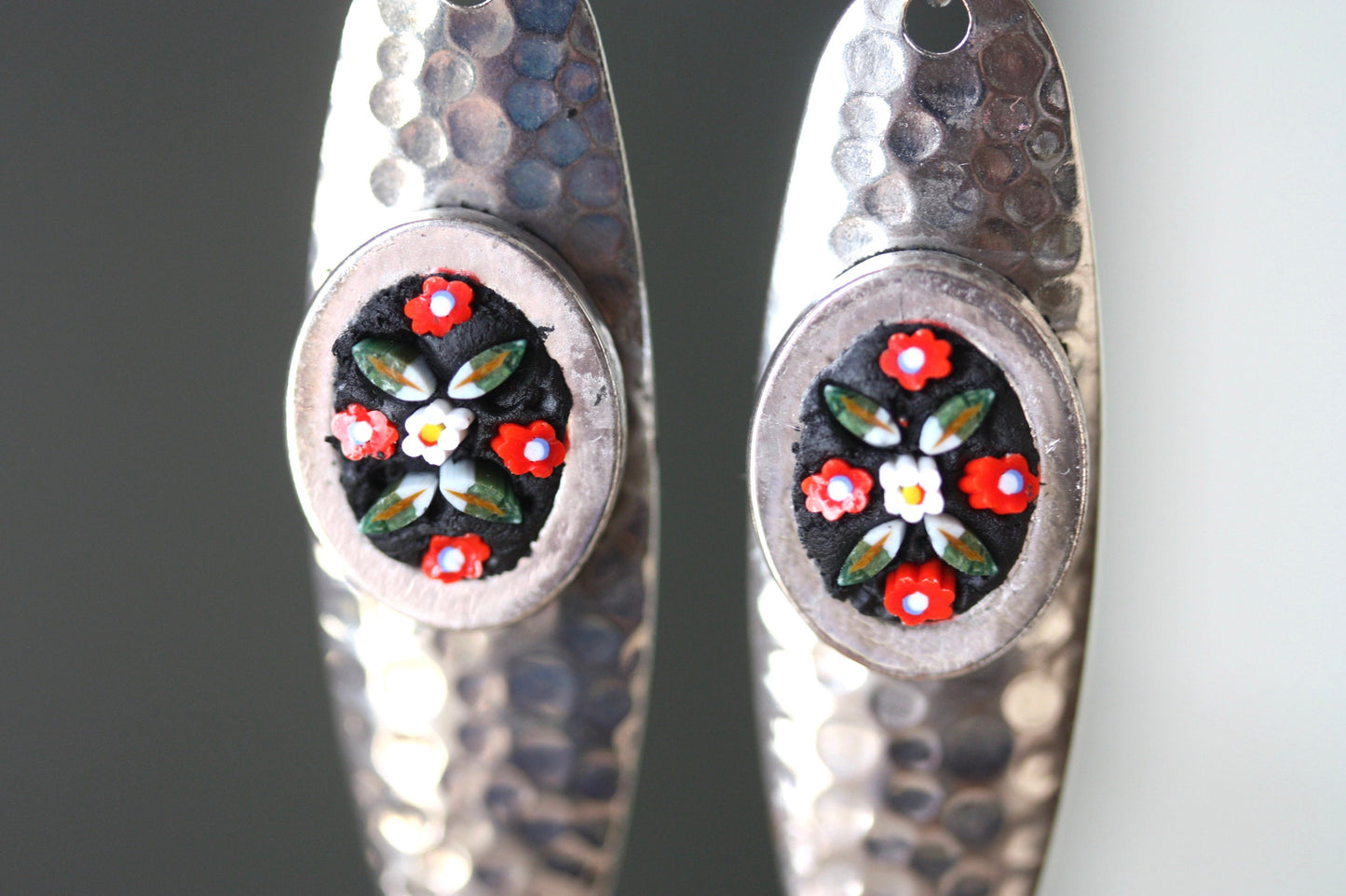 My handmade inlaid micro-mosaic on upcycled vintage hammered metal earrings - with sterling silver ear wires