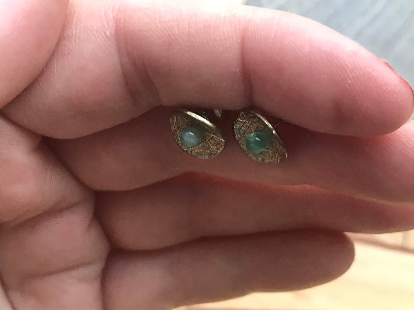Etched metal with turquoise center little stud earrings
