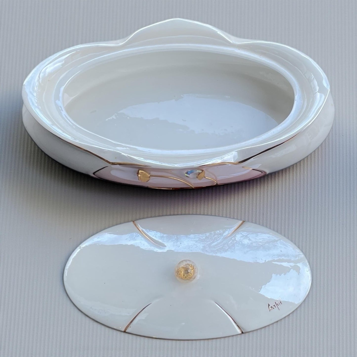 Carpie Sele-Arte Nove Italy Art Pottery Jewelry Box – Glazed Italian Ceramic Trinket Box with Gold & Crystal Accent - Stunning/Rare