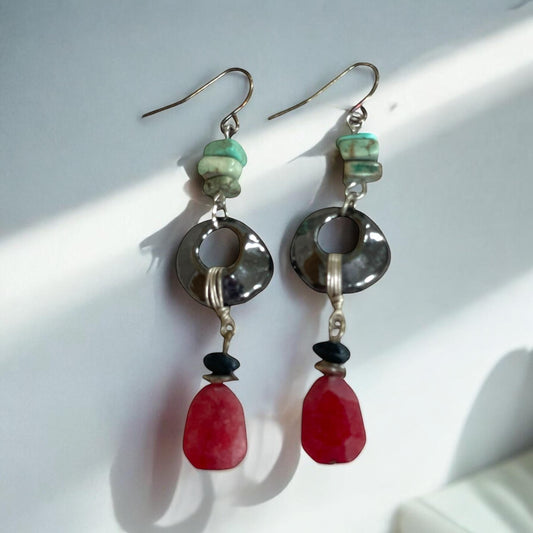 Turquoise Chip Dangle Earrings – Upcycled Metal Hoops with wrapped wire and reddish orange Drops, Boho Handmade Jewelry, Gift for Her