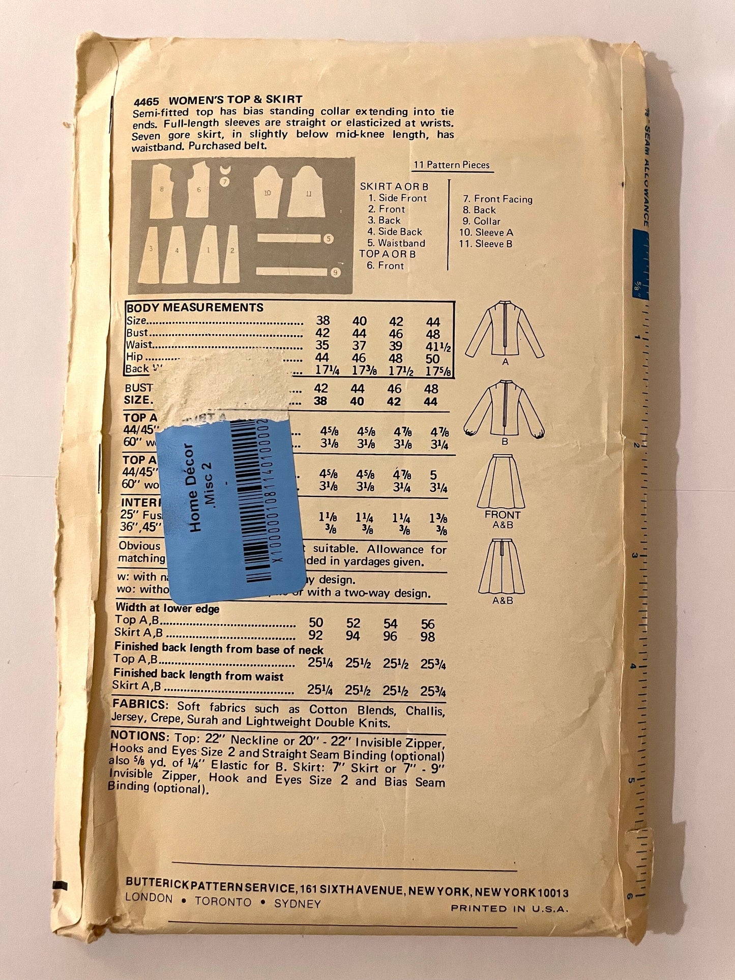 RARE! Very old UNCUT Vintage Sewing Pattern - Butterick 4465 - Women's Dress, Sizes 38-40