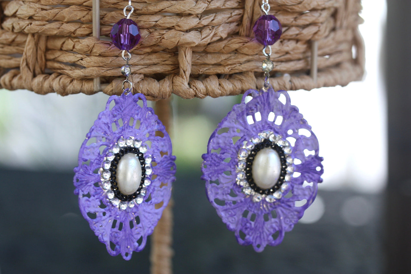 Purple, rhinestone and faux pearl mixed material dangle earrings
