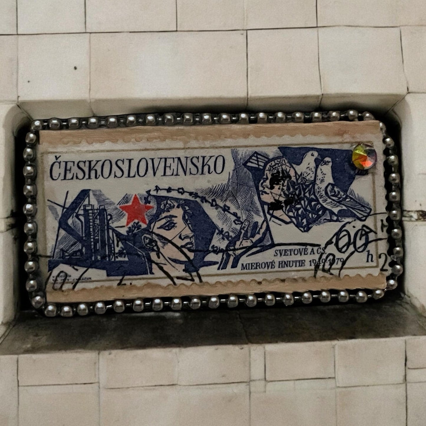 Pin or necklace pendant hand made from genuine vintage and antique postage stamps from around the world - Ceskoslovensko