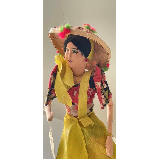 Stunning vintage Manila Philippines Collectible Floral Patadyong National Costume Doll with straw polka dot hat