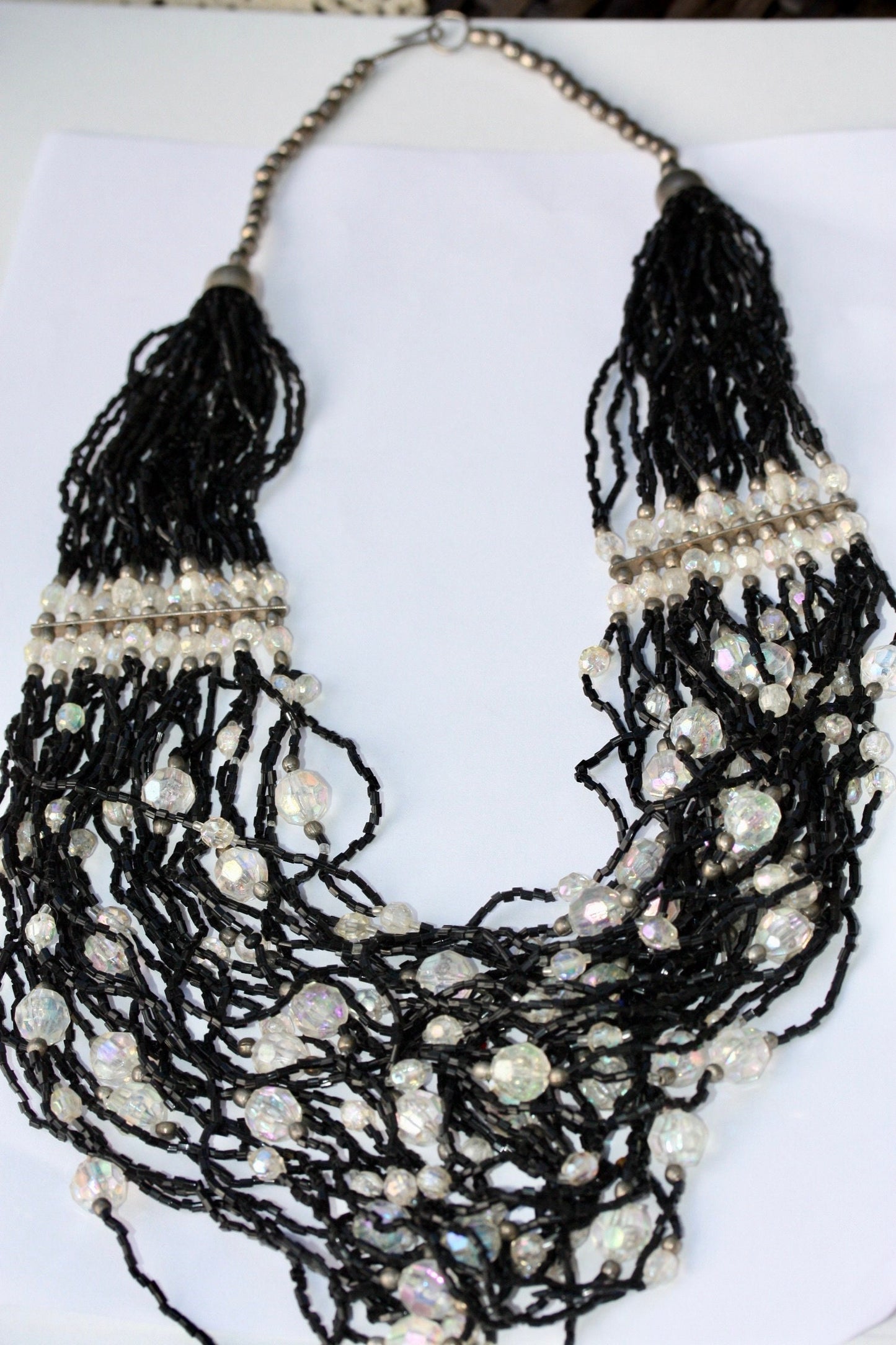 Stunning all beaded black and crystal multi strand vintage necklace