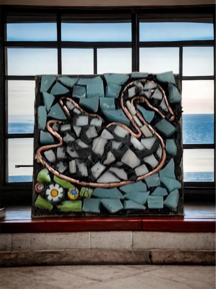 Handmade Mosaic Necklace - Swan in Water with Millefiori Glass