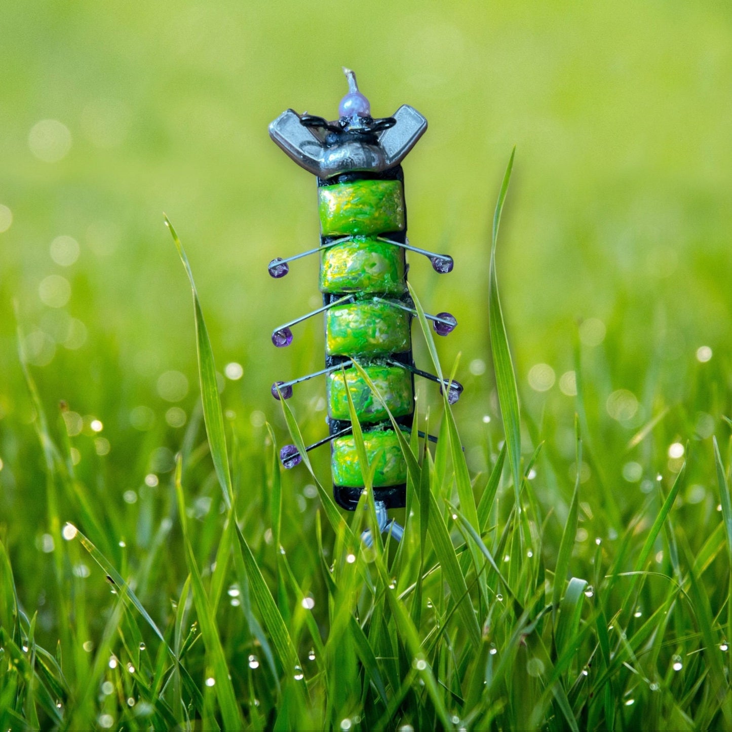 Caterpillar style insect pin - made of staples, hardware (nuts/screws), glass and upcycled elements - Assemblage art / mixed media collage