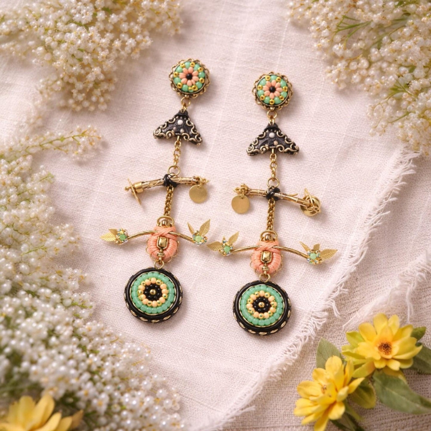 One-of-a-kind Handmade Beaded Earrings - Artisan Statement Earrings - Beadwork, Textile and metal Mixed Media Earrings, Boho Couture Jewelry