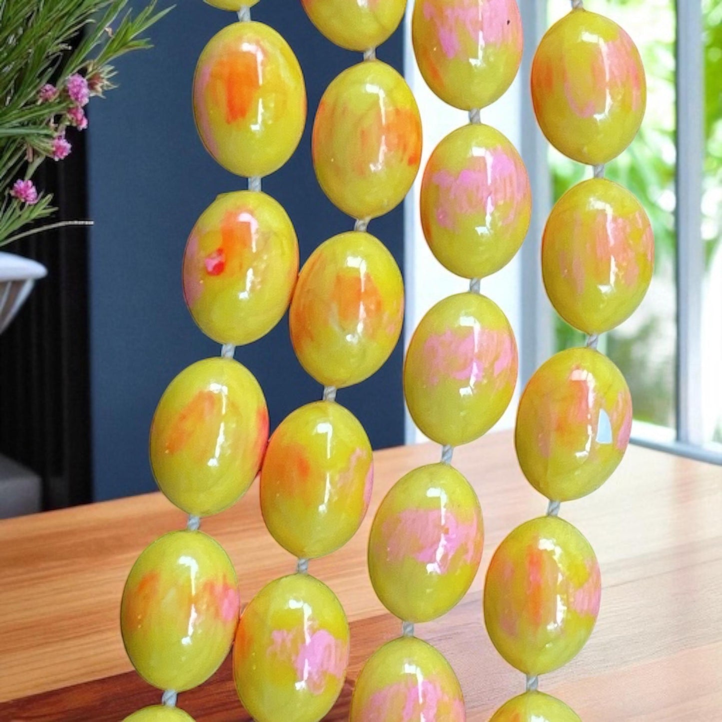 Extra Long Vintage Swirl Necklace Yellow Pink Plastic Fun Retro Statement Jewelry - can be worn doubled
