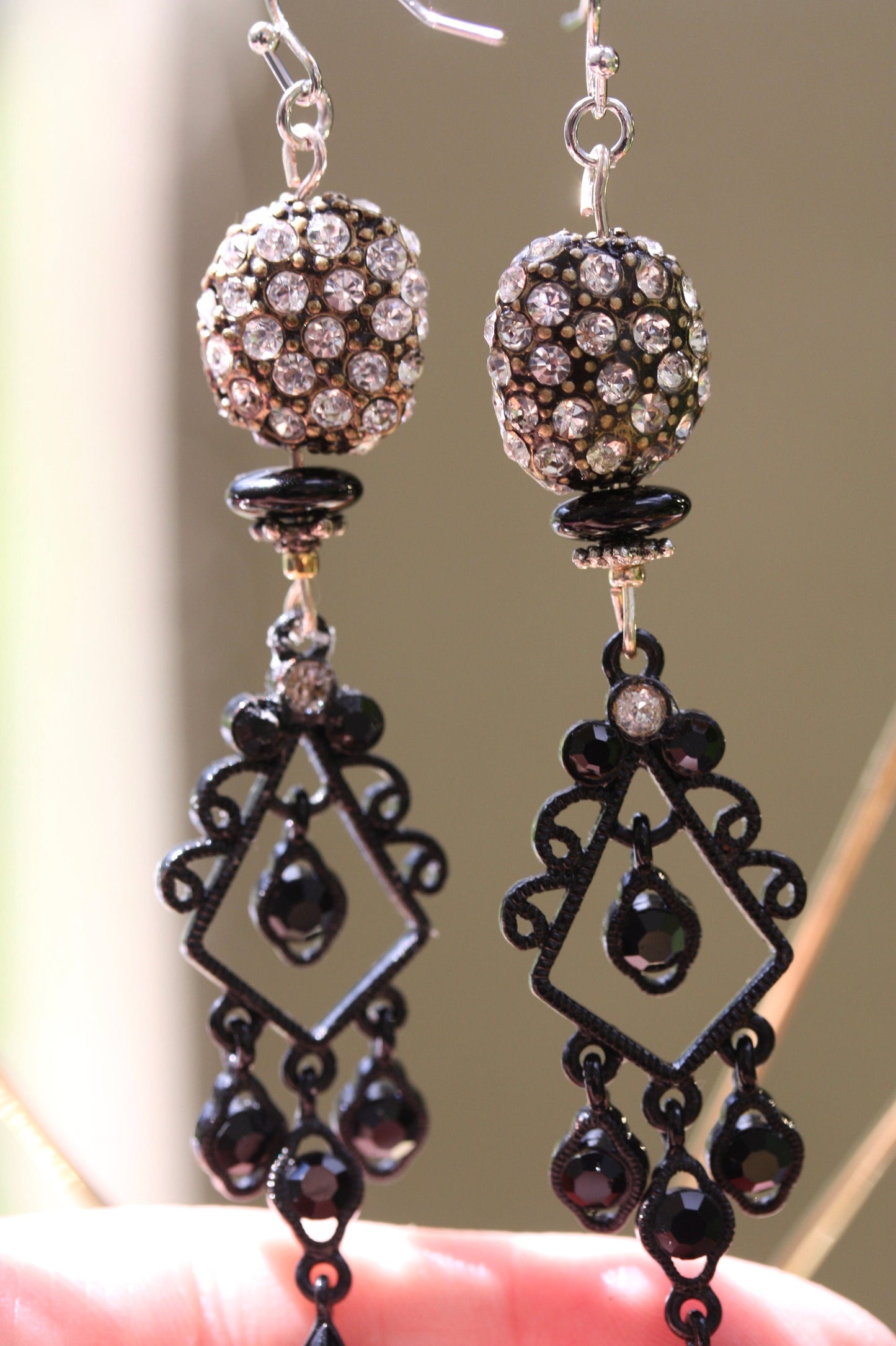 Mixed materials one-of-a-kind handmade dangle earrings - upcycled vintage rhinestones, new and vintage elements