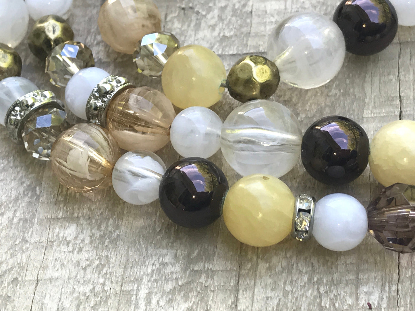 Long vintage beaded necklace - mixed material - swirled glass, crystal, metal, rhinestone, spacers