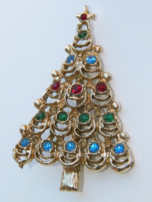 Vintage Christmas pin/Holiday pin - Christmas tree with rhinestones