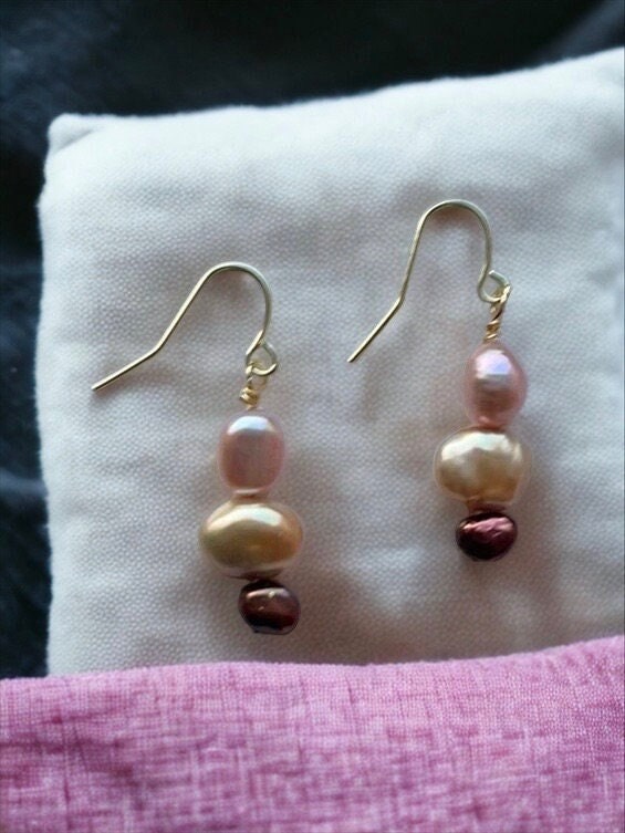 Handmade dangle earrings - with three colors of freshwater pearls - light pink, light cream and bronze