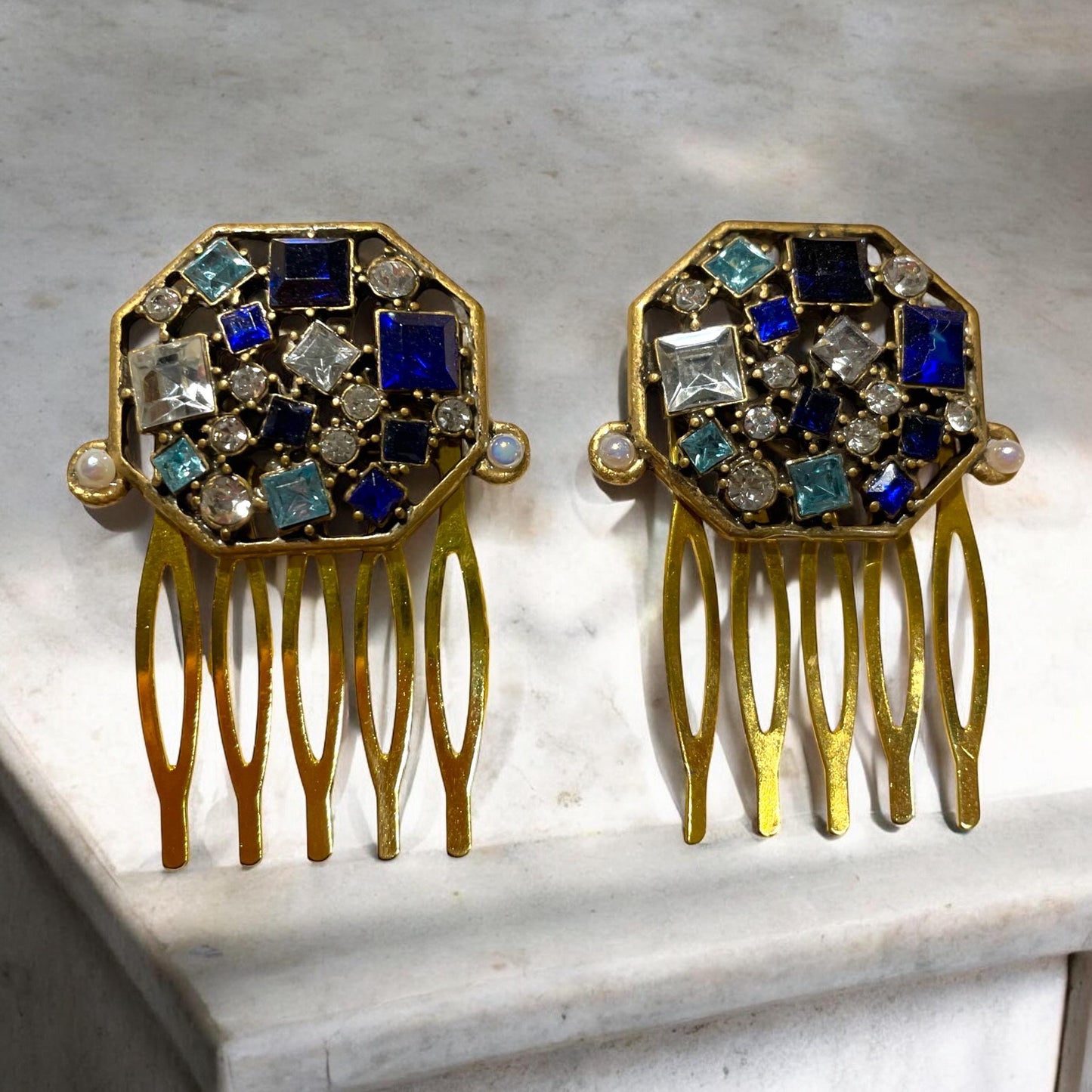 Pair of rhinestone embedded 1" hair clips - shades of blue and white, trimmed with tiny faux baby pearls