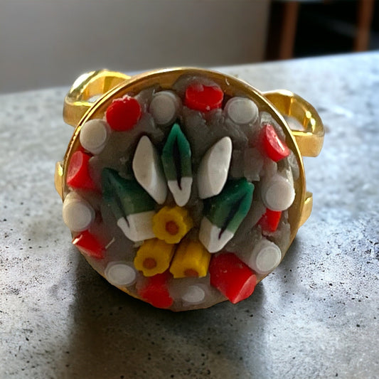 Handmade micro mosaic adjustable ring - Italian inspired - hand cut glass milefiori - little flower garden