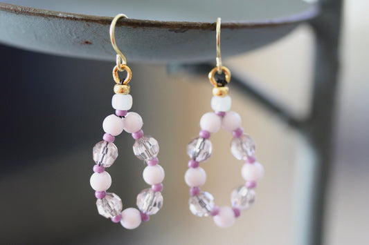 Hand beaded color blocked dangle hoop earrings - vintage and new materials