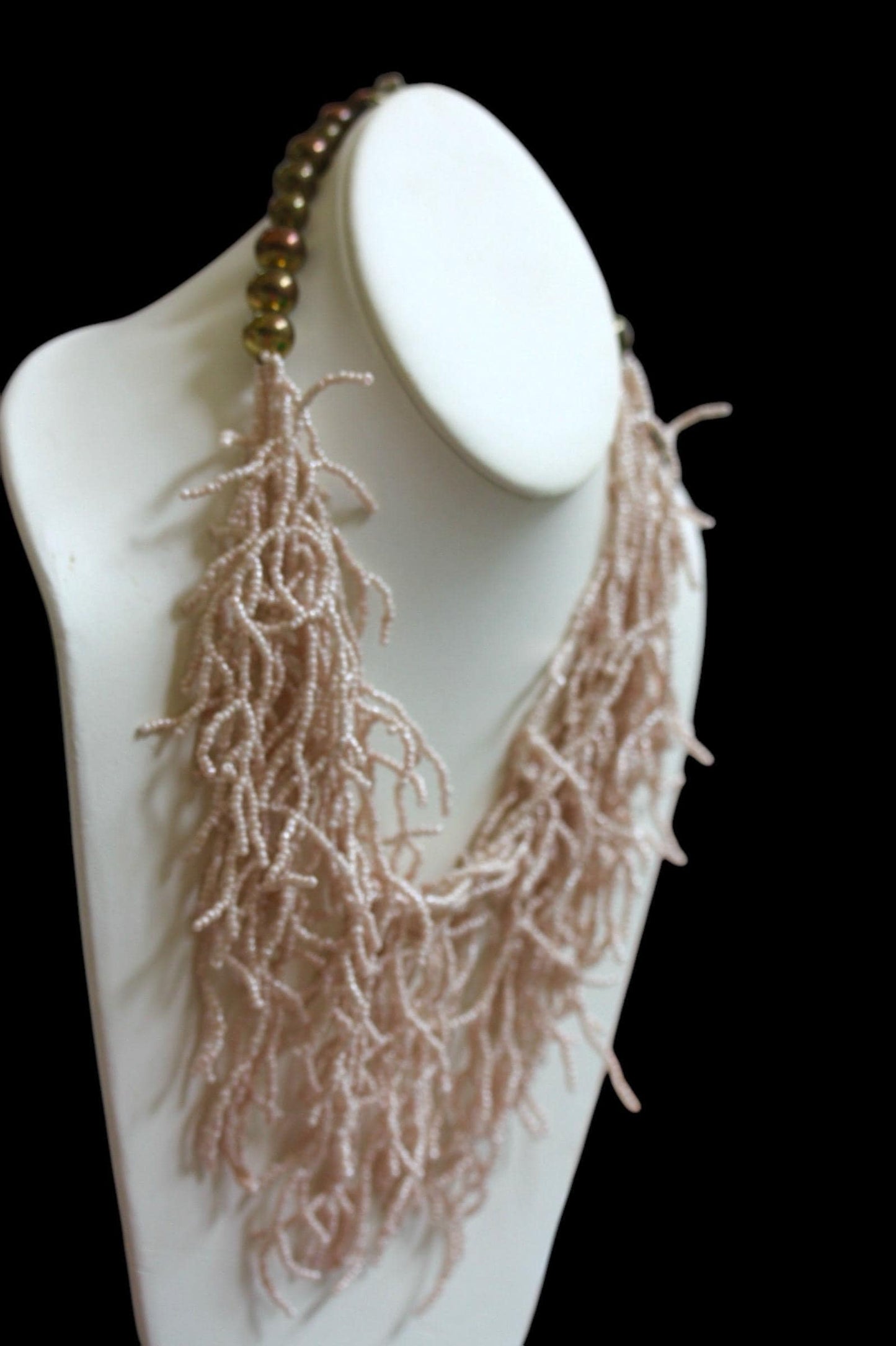 Stunning Cream Color Beaded Fringe Statement Necklace with hundreds of tiny glass seed beads