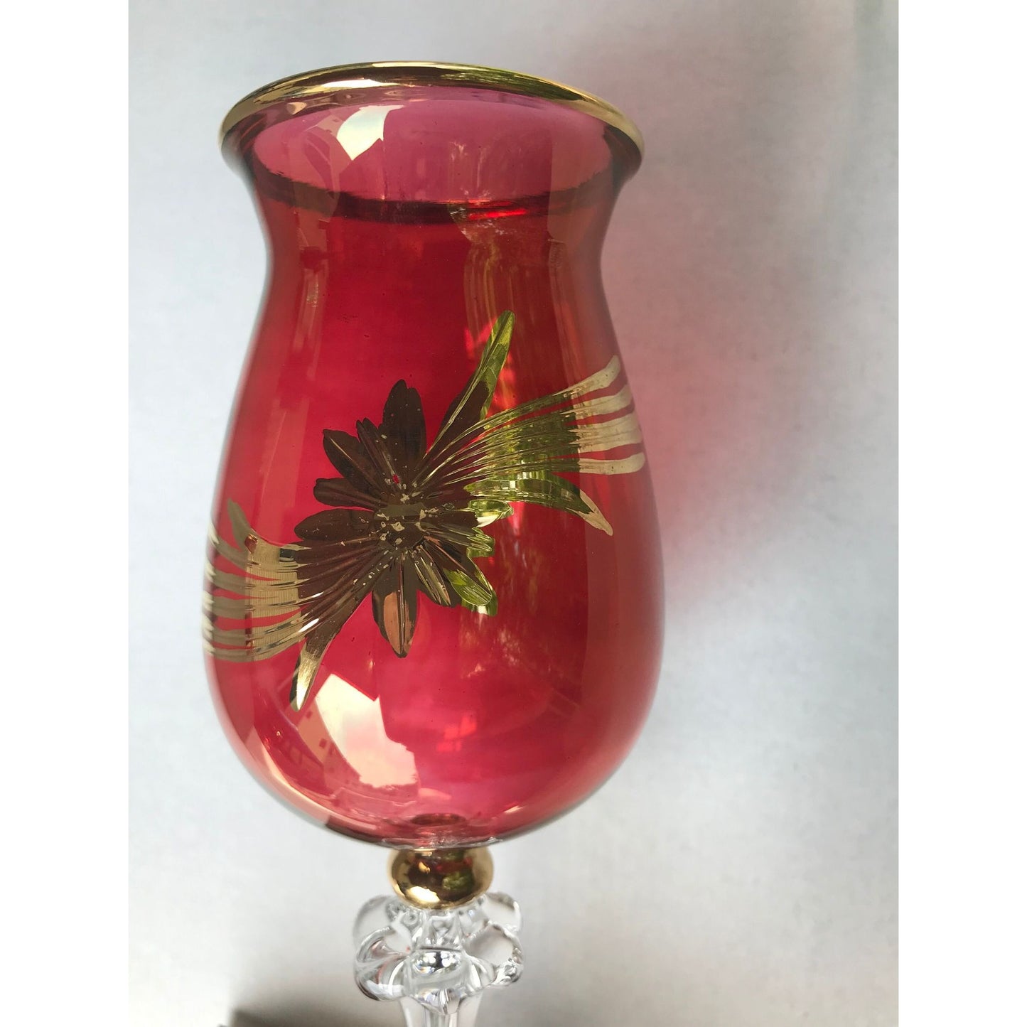 6 Fine Egyptian Museum cranberry mouth blown wine glasses, gold starburst - great for Christmas